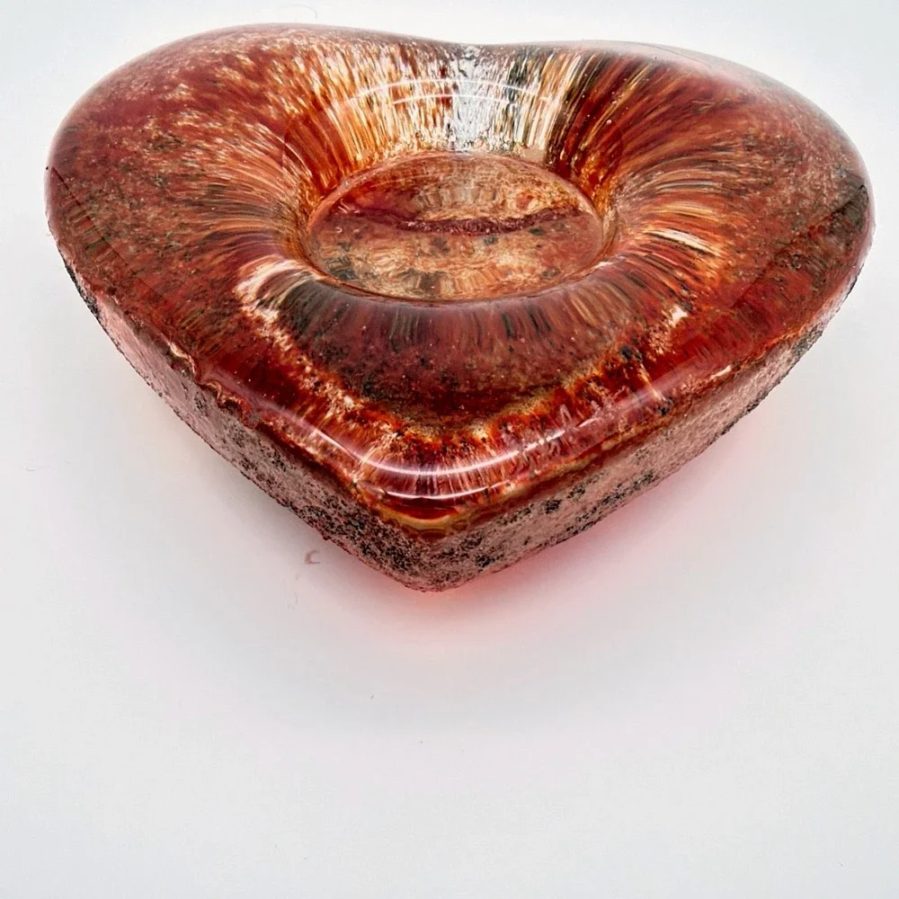 Art Glass Heart Paperweight Red Orange Swirled Mottled Maka 78